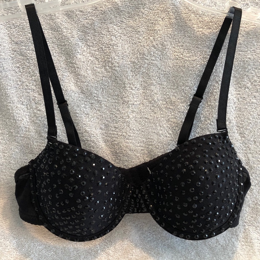 Hand rhinestoned black bra size 32A